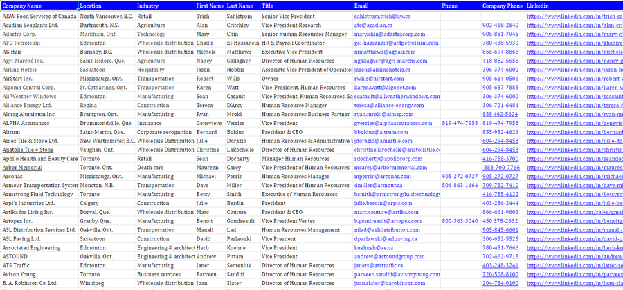 Real list built for a HR Agency